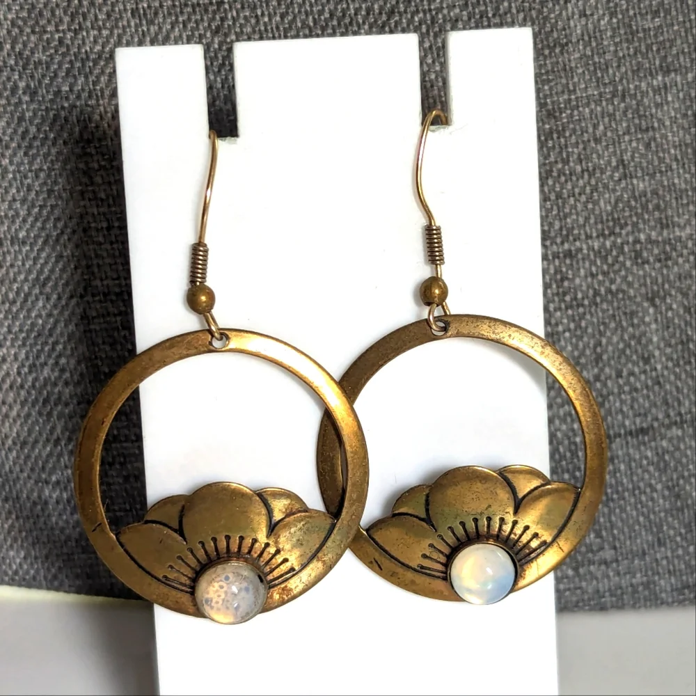 Vintage Brass Tone Faux Moonstone Lotus Flower Boho Hippie Dangle Hook Earrings